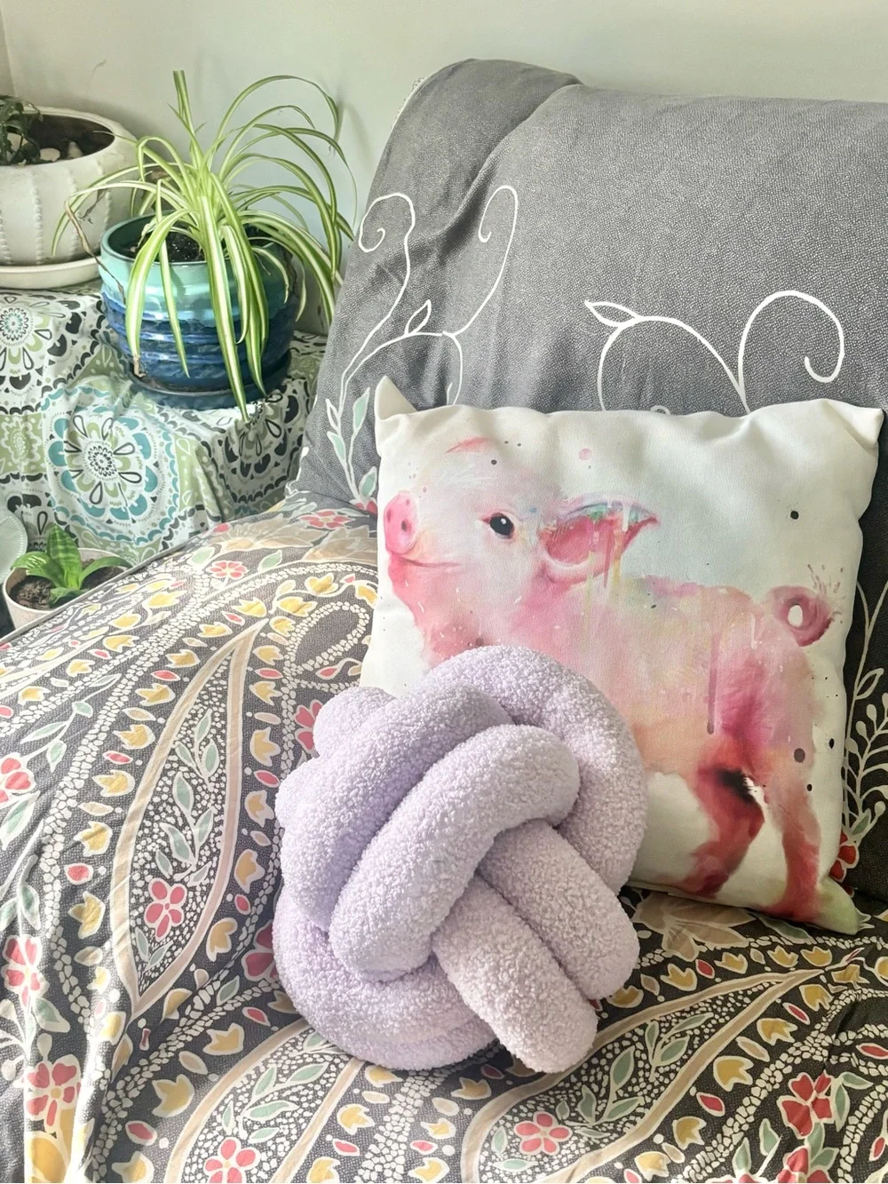 Pig Throw Pillow + NWT Lavender Knot Pillow Cottagecore Farmhouse Decor